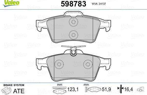 Valeo 598783 - Тормозные колодки, дисковые, комплект unicars.by