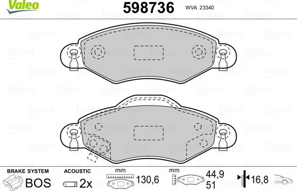 Valeo 598736 - Тормозные колодки, дисковые, комплект unicars.by