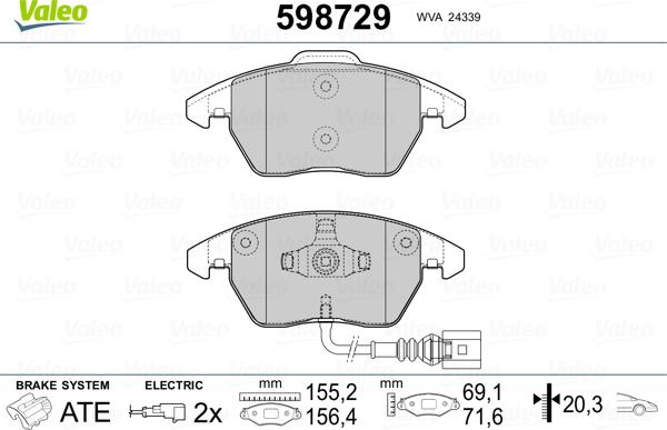 Valeo 598729 - Тормозные колодки, дисковые, комплект unicars.by