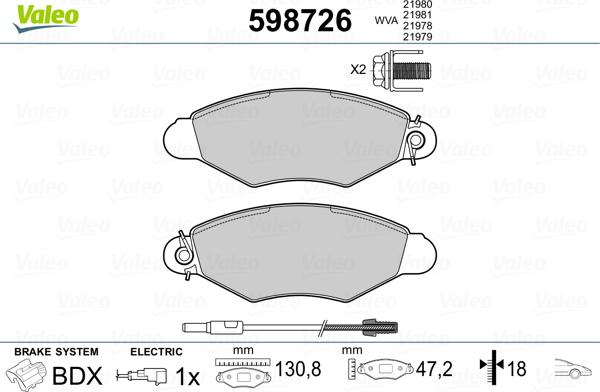 Valeo 598726 - Тормозные колодки, дисковые, комплект unicars.by