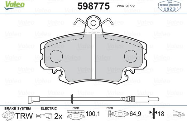 Valeo 598775 - Тормозные колодки, дисковые, комплект unicars.by