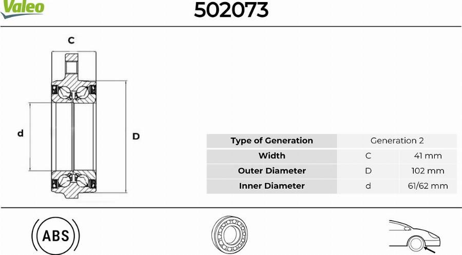 Valeo 502073 - Комплект подшипника ступицы колеса unicars.by