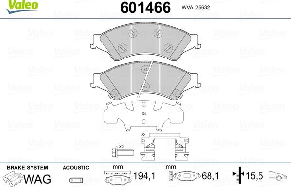 Valeo 601466 - Тормозные колодки, дисковые, комплект unicars.by