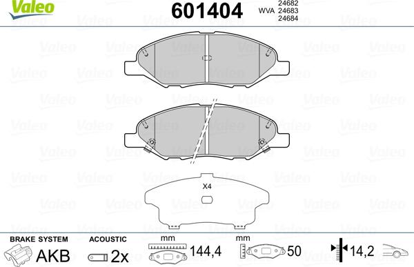 Valeo 601404 - Тормозные колодки, дисковые, комплект unicars.by