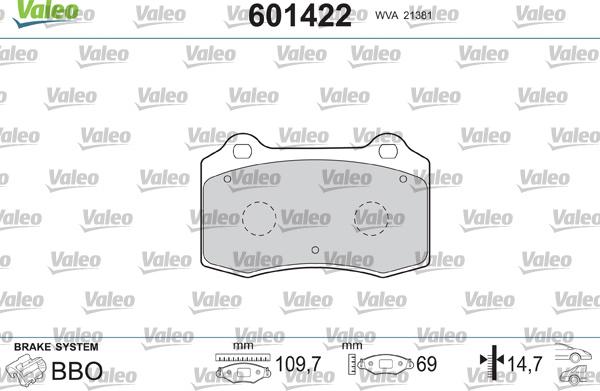 Valeo 601422 - Тормозные колодки, дисковые, комплект unicars.by