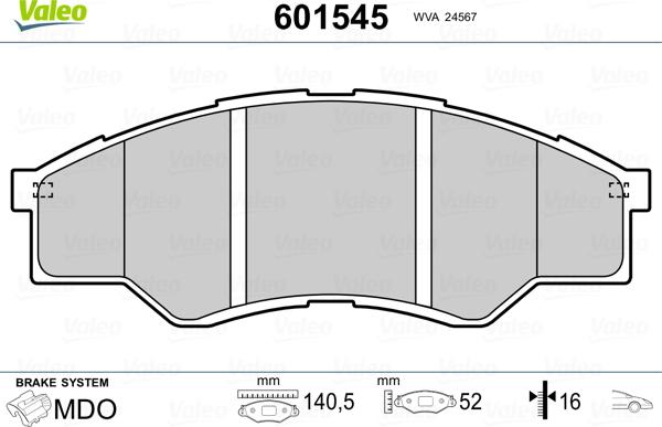 Valeo 601545 - Тормозные колодки, дисковые, комплект unicars.by