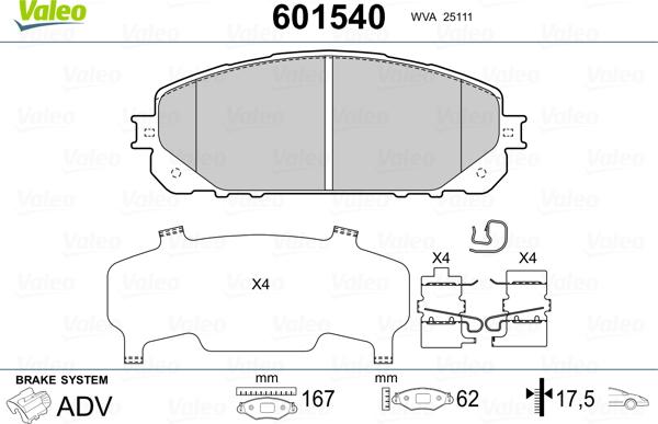 Valeo 601540 - Тормозные колодки, дисковые, комплект unicars.by