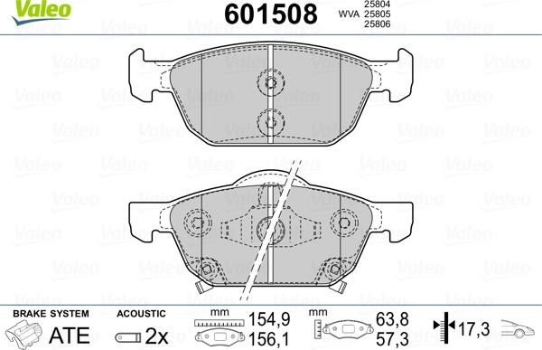 Valeo 601508 - Тормозные колодки, дисковые, комплект unicars.by