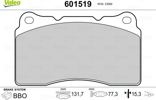 Valeo 601519 - Тормозные колодки, дисковые, комплект unicars.by