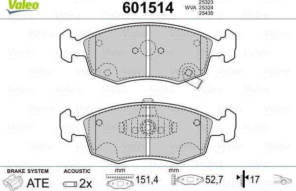 Valeo 601514 - Тормозные колодки, дисковые, комплект unicars.by