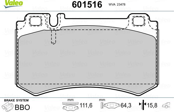 Valeo 601516 - Тормозные колодки, дисковые, комплект unicars.by