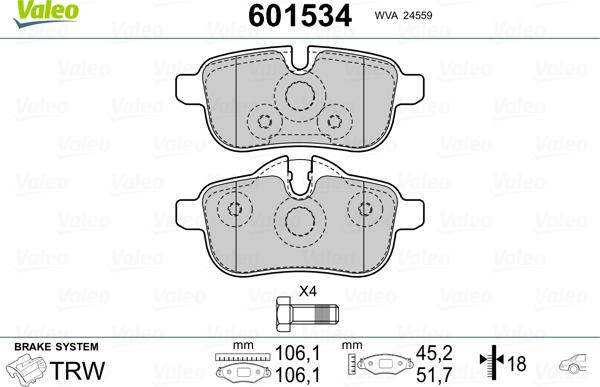 Valeo 601534 - Тормозные колодки, дисковые, комплект unicars.by