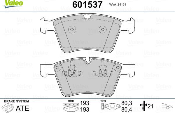 Valeo 601537 - Тормозные колодки, дисковые, комплект unicars.by