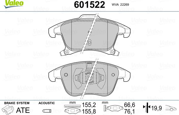 Valeo 601522 - Тормозные колодки, дисковые, комплект unicars.by