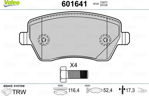 Valeo 601641 - Тормозные колодки, дисковые, комплект unicars.by