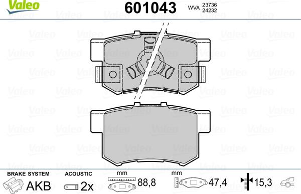 Valeo 601043 - Тормозные колодки, дисковые, комплект unicars.by