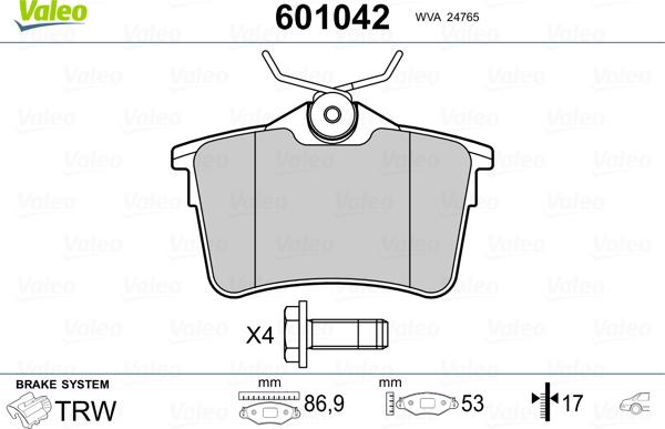 Valeo 601042 - Тормозные колодки, дисковые, комплект unicars.by