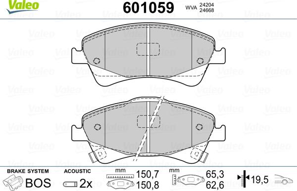 Valeo 601059 - Тормозные колодки, дисковые, комплект unicars.by