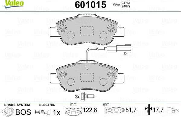 Valeo 601015 - Тормозные колодки, дисковые, комплект unicars.by