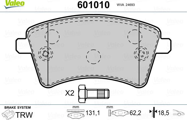 Valeo 601010 - Тормозные колодки, дисковые, комплект unicars.by