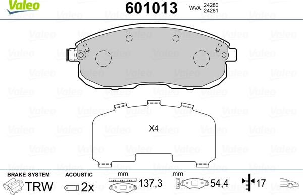 Valeo 601013 - Тормозные колодки, дисковые, комплект unicars.by