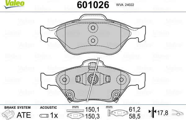 Valeo 601026 - Тормозные колодки, дисковые, комплект unicars.by