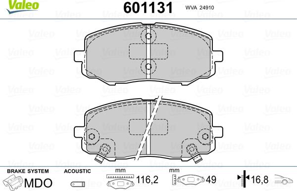 Valeo 601131 - Тормозные колодки, дисковые, комплект unicars.by