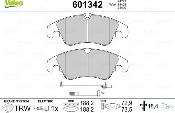 Valeo 601342 - Тормозные колодки, дисковые, комплект unicars.by