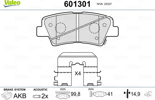 Valeo 601301 - Тормозные колодки, дисковые, комплект unicars.by