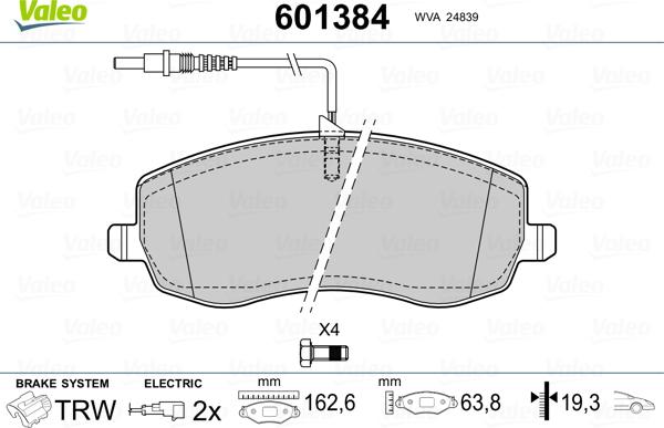 Valeo 601384 - Тормозные колодки, дисковые, комплект unicars.by