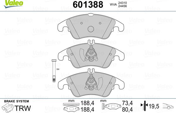 Valeo 601388 - Тормозные колодки, дисковые, комплект unicars.by