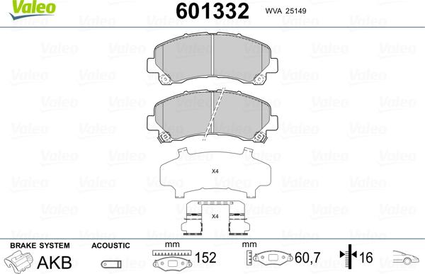 Valeo 601332 - Тормозные колодки, дисковые, комплект unicars.by