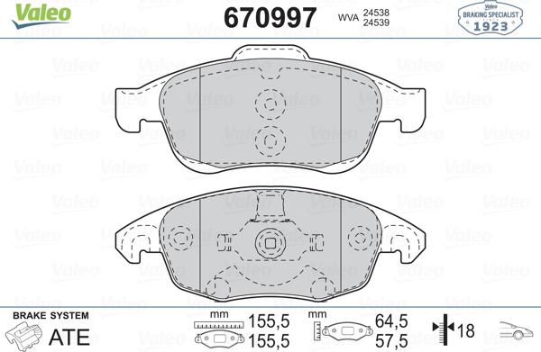 Valeo 670997 - Тормозные колодки, дисковые, комплект unicars.by