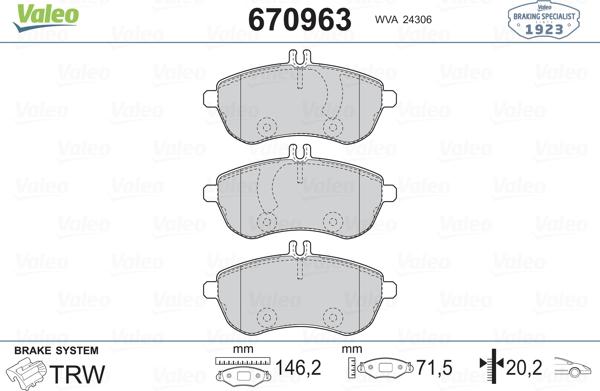 Valeo 670963 - Тормозные колодки, дисковые, комплект unicars.by