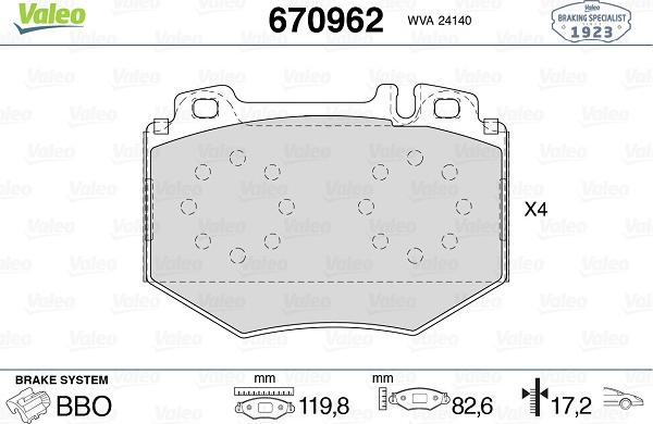 Valeo 670962 - Тормозные колодки, дисковые, комплект unicars.by