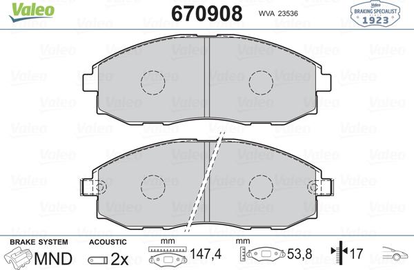 Valeo 670908 - Тормозные колодки, дисковые, комплект unicars.by