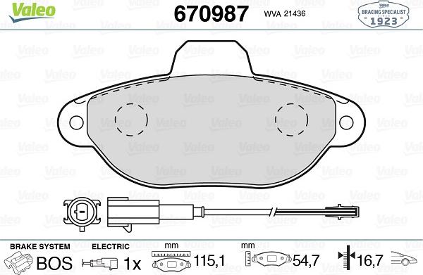 Valeo 670987 - Тормозные колодки, дисковые, комплект unicars.by