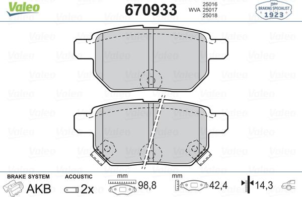 Valeo 670933 - Тормозные колодки, дисковые, комплект unicars.by