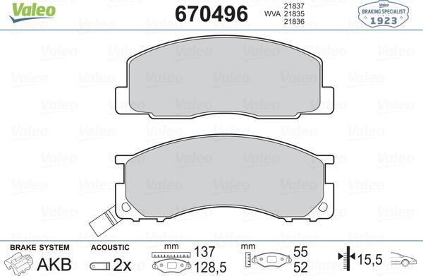 Valeo 670496 - Тормозные колодки, дисковые, комплект unicars.by