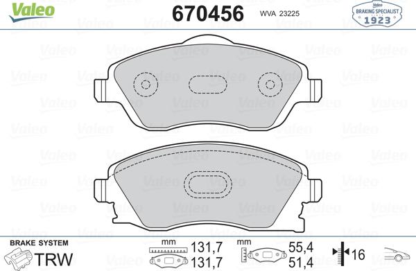 Valeo 670456 - Тормозные колодки, дисковые, комплект unicars.by