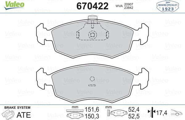 Valeo 670422 - Тормозные колодки, дисковые, комплект unicars.by