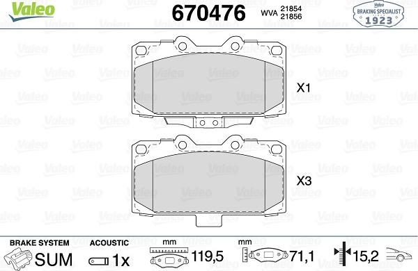 Valeo 670476 - Тормозные колодки, дисковые, комплект unicars.by