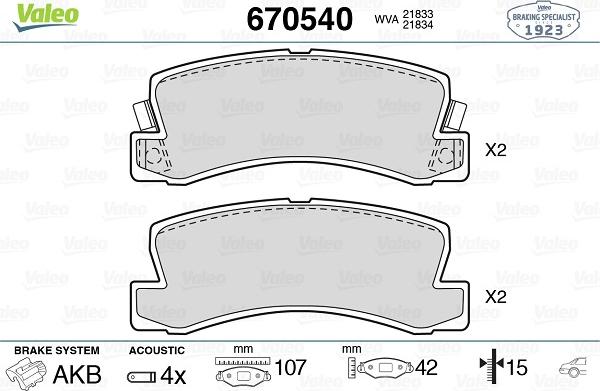 Valeo 670540 - Тормозные колодки, дисковые, комплект unicars.by