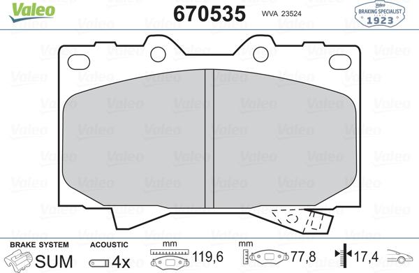 Valeo 670535 - Тормозные колодки, дисковые, комплект unicars.by