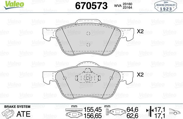 Valeo 670573 - Тормозные колодки, дисковые, комплект unicars.by