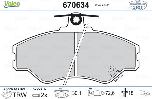 Valeo 670634 - Тормозные колодки, дисковые, комплект unicars.by