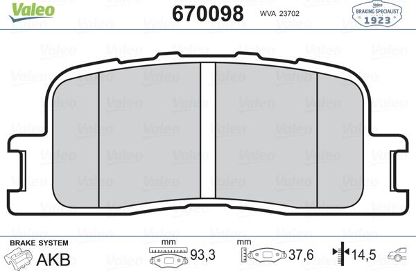 Valeo 670098 - Тормозные колодки, дисковые, комплект unicars.by