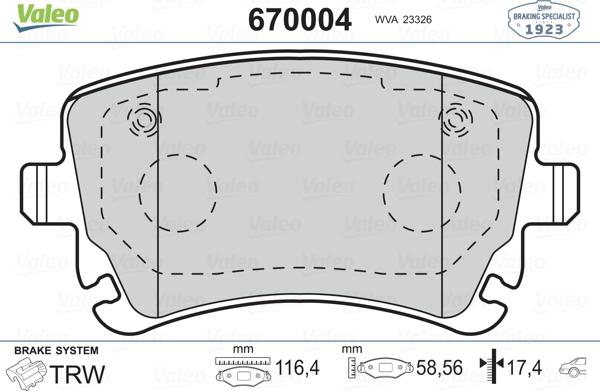 Valeo 670004 - Тормозные колодки, дисковые, комплект unicars.by