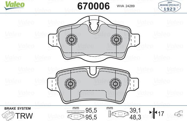 Valeo 670006 - Тормозные колодки, дисковые, комплект unicars.by