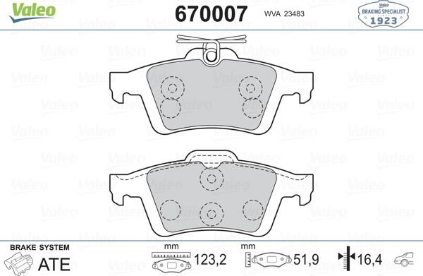 Valeo 670007 - Тормозные колодки, дисковые, комплект unicars.by